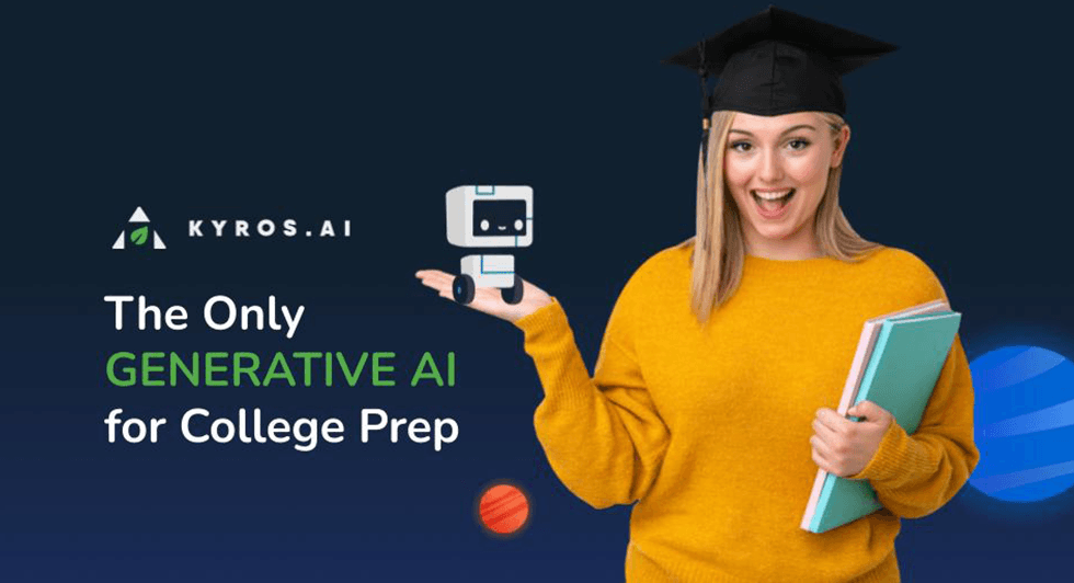 happy student holds small robot next to text